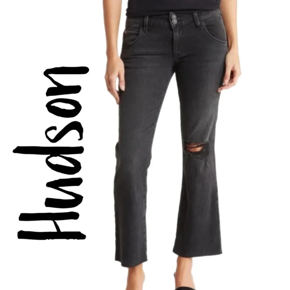 Hudson Womens Collin Black Midrise Bootcut Cropped Raw Hem  Distress Jeans sz 26